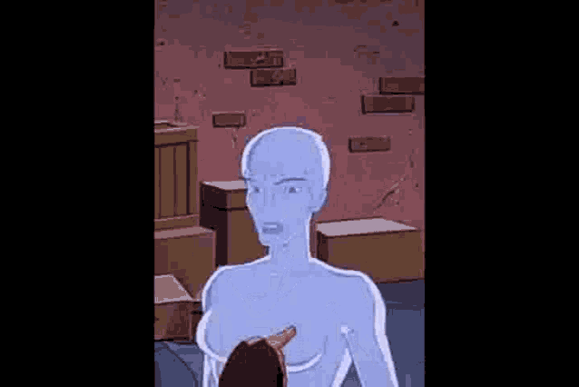 a cartoon character is standing in front of a brick wall with boxes .
