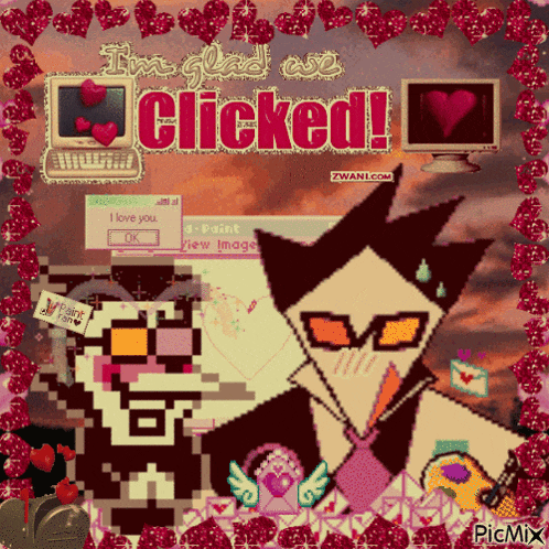 a pixel art of a cat with the words " i 'm glad you clicked " above it