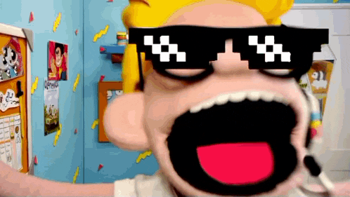a cartoon character wearing sunglasses and a headset is making a funny face