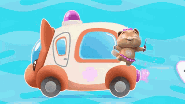 a cartoon cat is driving a car with a tooth in the back
