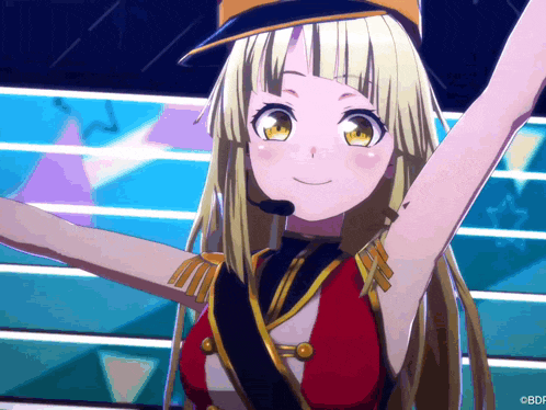 a blonde anime girl wearing a hat and a microphone with her arms outstretched