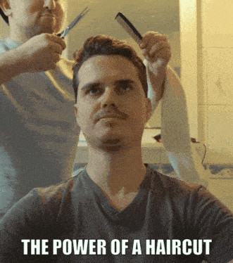 a man is getting his hair cut by another man with the words " the power of a haircut " above him