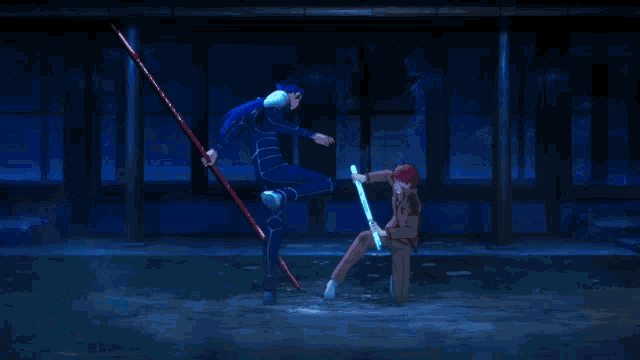 a man in a blue suit kicking another man in a white suit