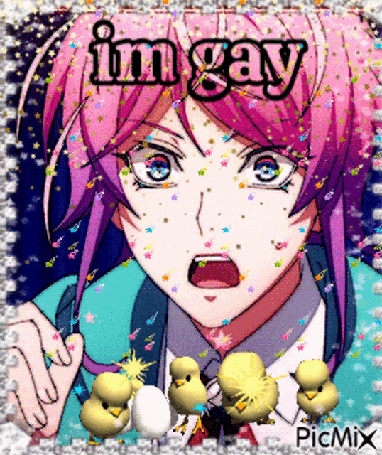 a picture of a girl with pink hair and the words i 'm gay on top