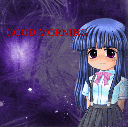 a girl with blue hair is standing in front of a purple background that says " good morning "
