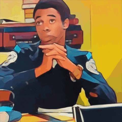 a cartoon drawing of a man with his hands on his chin