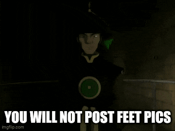 a man with a green circle on his shirt says you will not post feet pics on the bottom