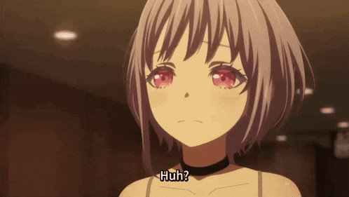 a girl with short hair and red eyes says huh in a cartoon