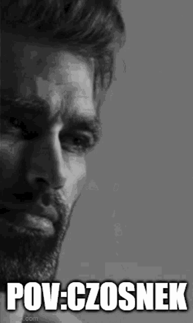 a black and white photo of a man with a beard and the words pov : czosnek written on it .