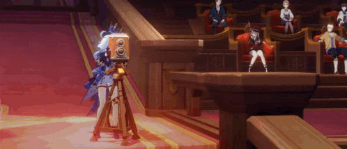 a video game character is holding a camera in front of a crowd of people .