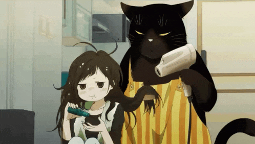 a black cat is blow drying a girl 's hair with a hair dryer
