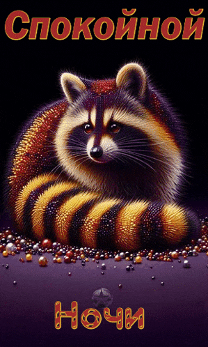 a painting of a raccoon with the words " спокойной ночи " written on it