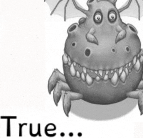 a black and white drawing of a cartoon monster with the words true below it