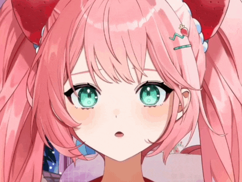 a girl with pink hair and green eyes has a strawberry in her hair clip