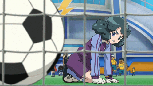 a girl is kneeling in front of a soccer ball in a cartoon