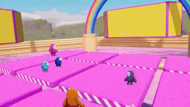 a bunch of cartoon characters are standing on a pink mat