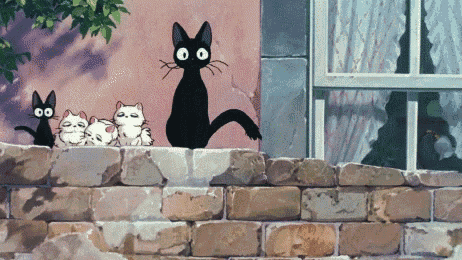 a black cat and three kittens standing on a brick wall