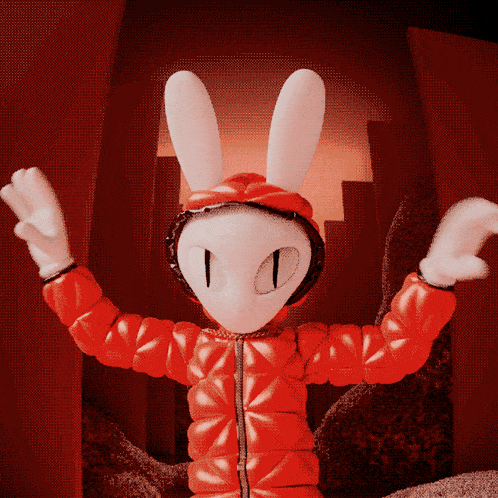 a cartoon bunny wearing a red jacket and a hood