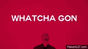a man is standing in front of a red background that says whatcha gon do with that dessert .