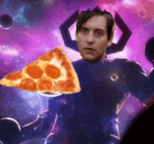 a man in a superhero costume is holding a slice of pizza in his hand