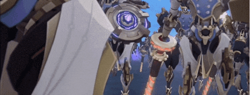 a group of robots are standing next to each other on a blue background .