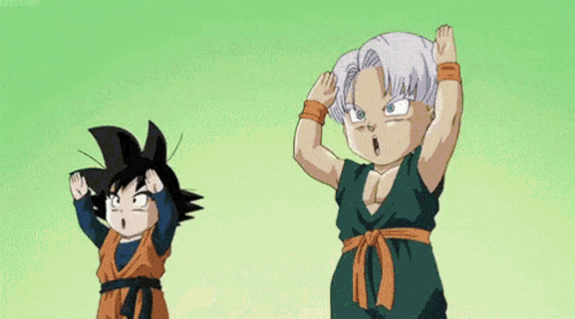 a cartoon of goku and trunks pointing at each other with the word couch in the corner