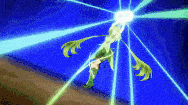 a woman in a green dress is standing in front of a blue background with a light coming out of her hands .