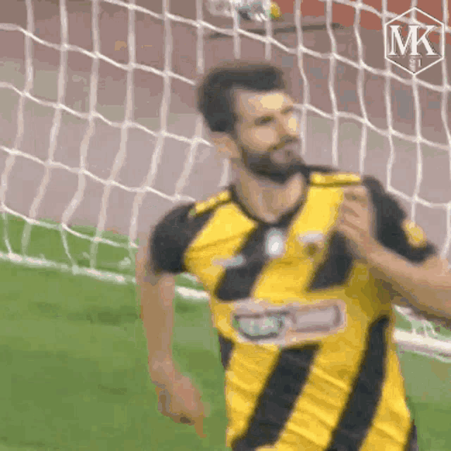 a man in a yellow and black striped soccer jersey is running towards a goal .