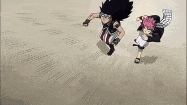 a couple of anime characters are running on a dirt road .