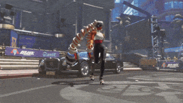 a woman in a video game is standing in front of a car that has a license plate that says ' aecat '