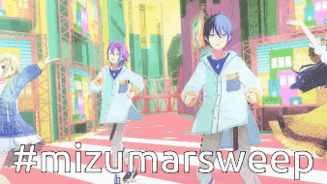 a group of anime characters are dancing with the hashtag #mizumarsweep in the corner