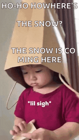 a baby wearing a paper bag on his head with the words ho-ho how where 's the snow the snow is co ming here