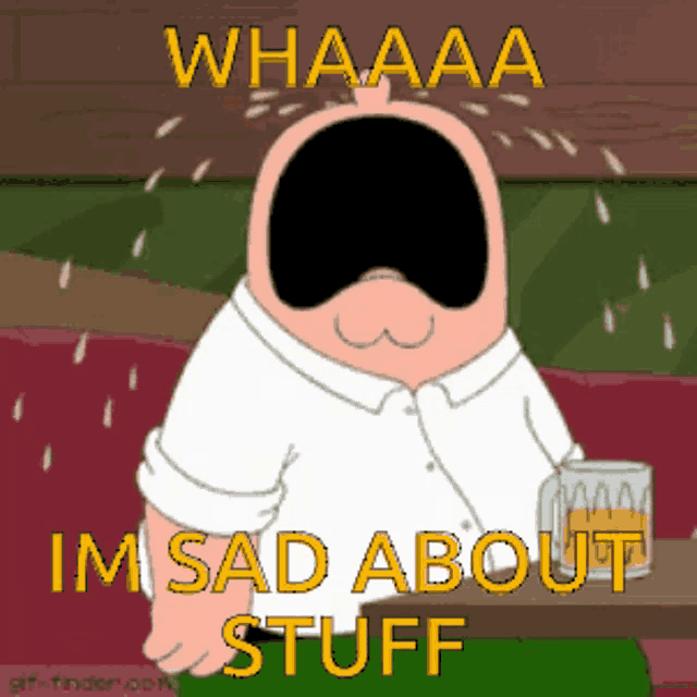 a cartoon of peter griffin sitting at a table with a glass of beer