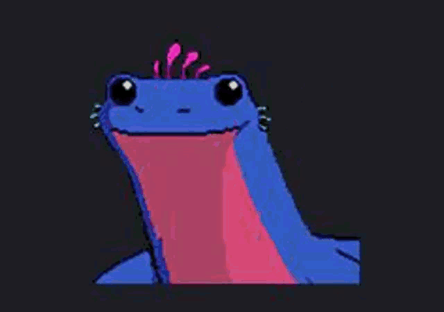 a blue and pink frog with a long tongue sticking out of its mouth .