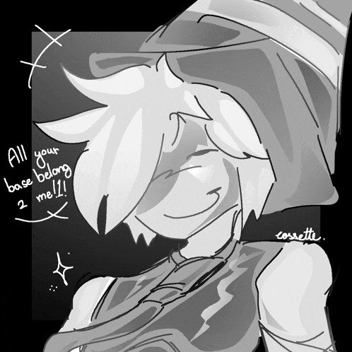 a black and white drawing of a witch with the words all your base belong to me