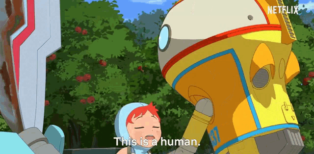 a cartoon character says this is a human in front of a robot