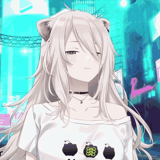 a girl with long white hair and a choker is wearing a white t-shirt with a panda on it