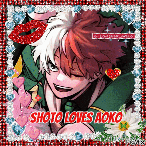 a picture of shoto loves aoko is surrounded by hearts and flowers