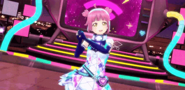a girl with pink hair is dancing on a stage in front of a screen that says ' tokyo ' on it