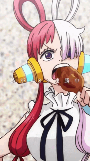 a girl with red hair and white hair is eating a chicken