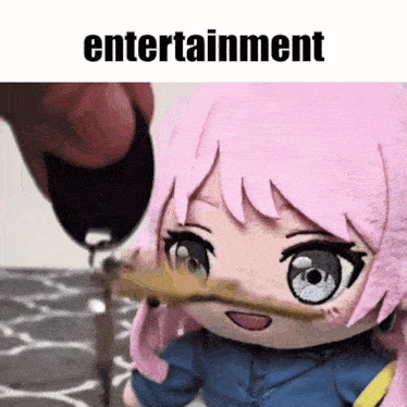 a stuffed doll with pink hair is being held by a person with the word entertainment written on the bottom