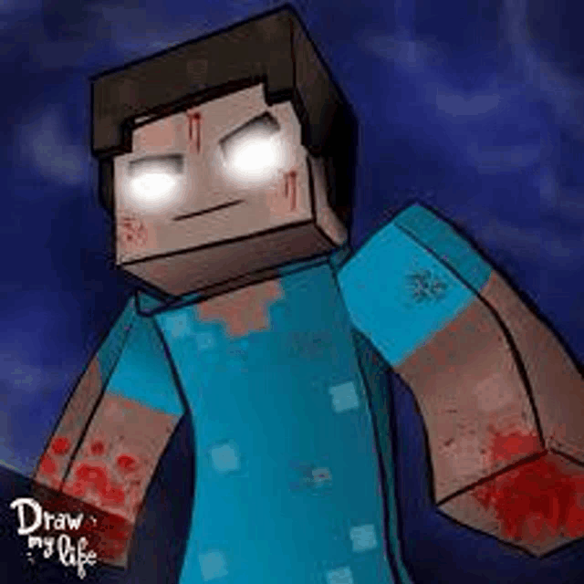 a drawing of a minecraft character with blood on his arms and a blue shirt .