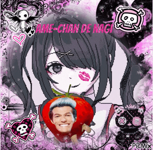 a picture of a girl with a strawberry and a man 's face with the words " ame-chan de nagi "