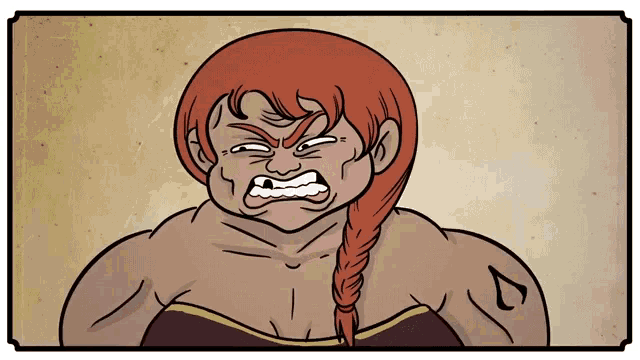 a cartoon drawing of a woman with red hair and a tattoo on her arm