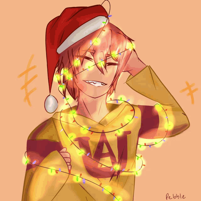 a drawing of a boy with a santa hat and christmas lights around his neck