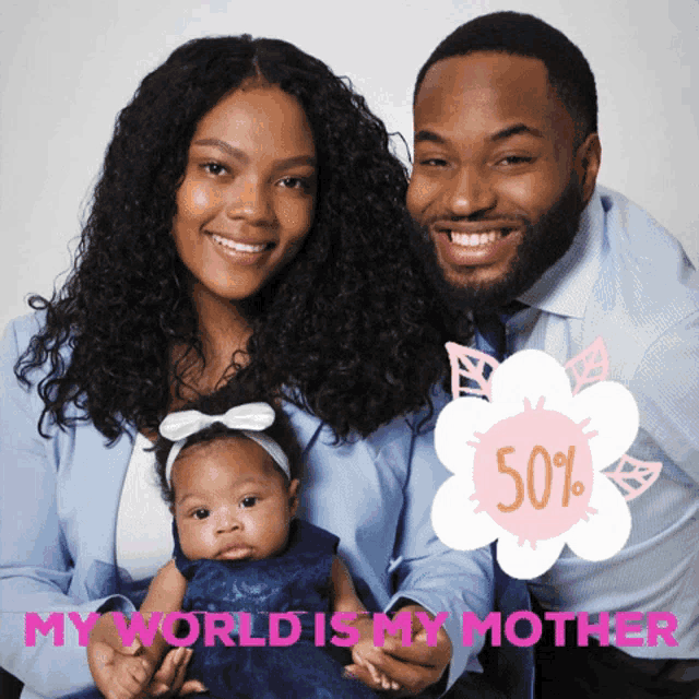 a picture of a man and woman holding a baby with the words my world is my mother above them