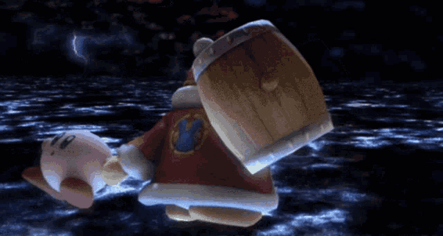 a cartoon character with a barrel on his back and a shield on his back