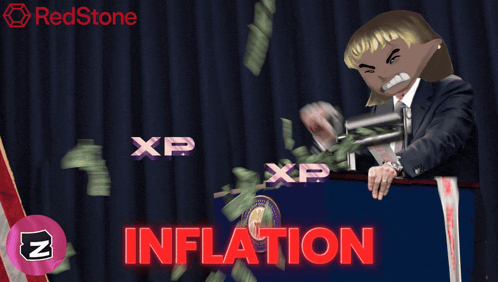 a man in a suit and tie stands at a podium with xp xp inflation written in red letters