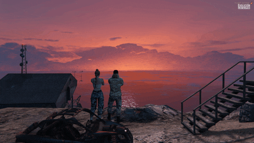 a man and a woman are looking out over the ocean in a video game called grand theft auto