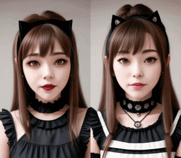 a woman wearing a cat ear headband is next to another woman wearing a choker necklace